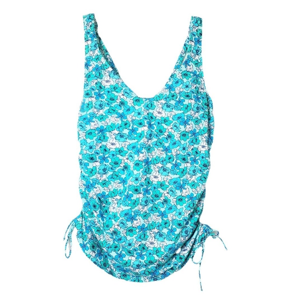 Lands End Womens Turquoise Blue Floral Print Ruched Side Tie Tankini Top Size 10